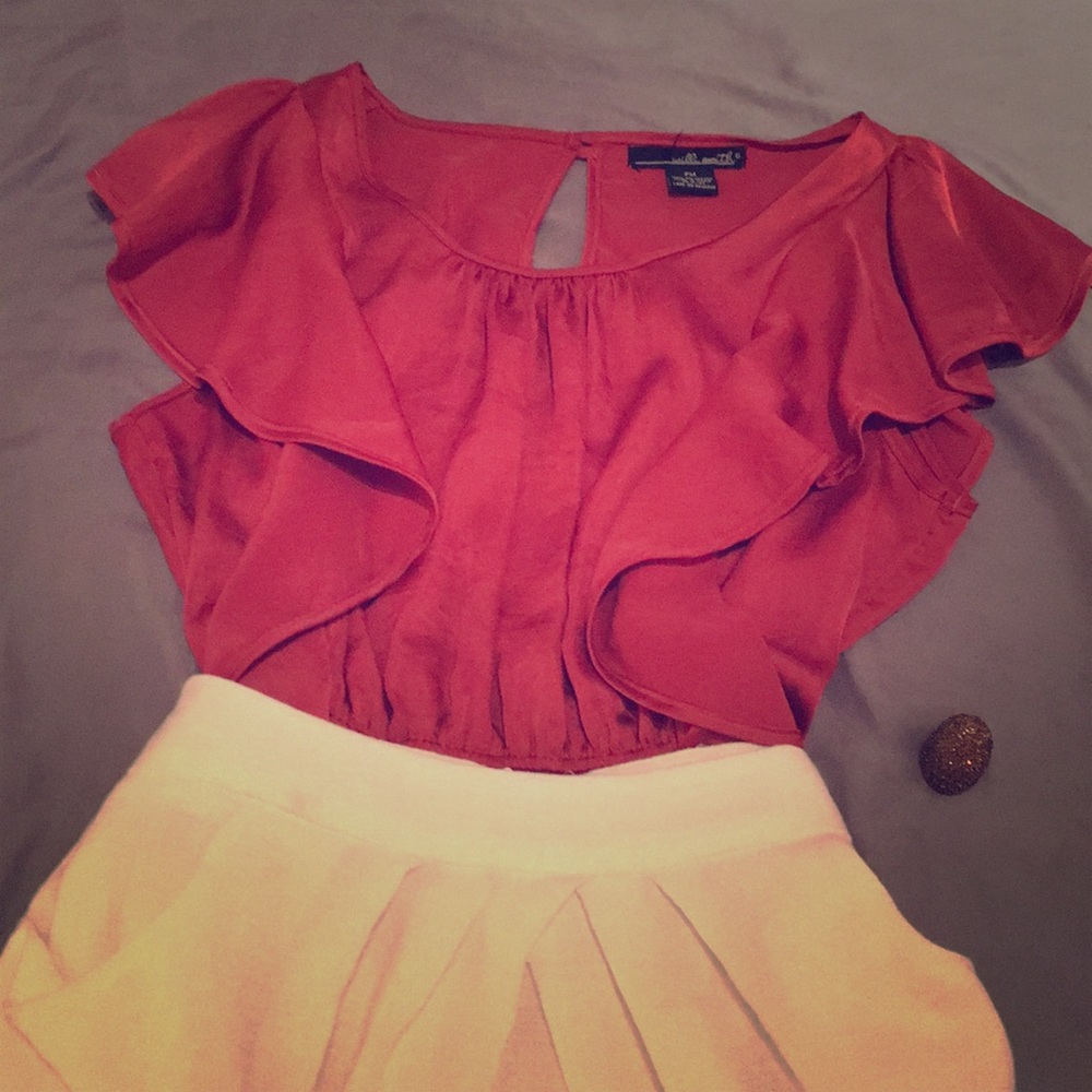 *DONATED* Burnt orange silk blouse w/ ruffle